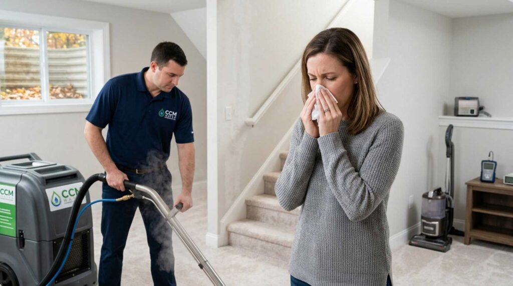 A man steam cleans carpet while a woman nearby blows her nose with a tissue.