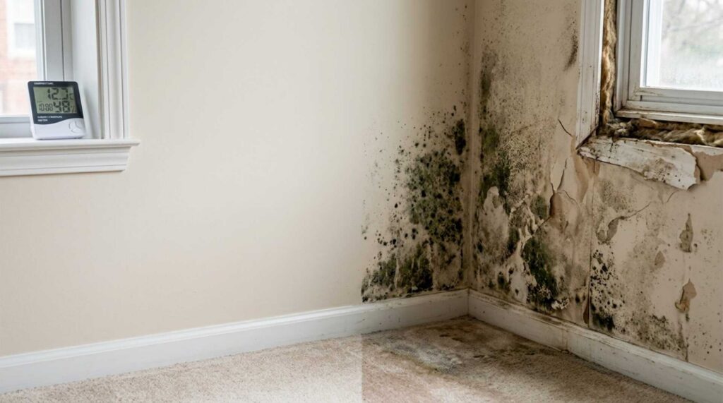 Black mold and water damage on a corner wall and carpet near a window.