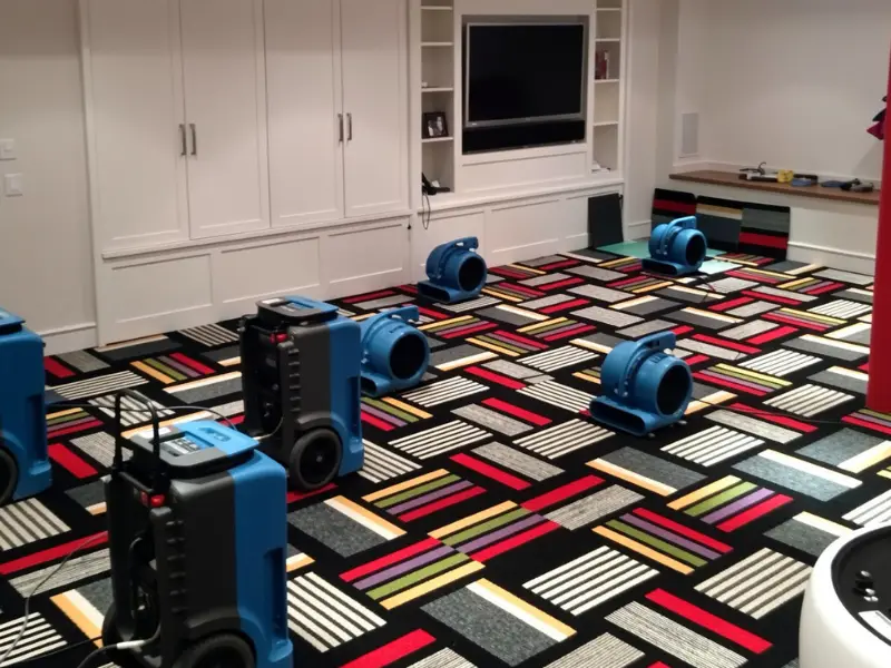 Blue air movers and dehumidifiers arranged on a colorful patterned carpet in a room.