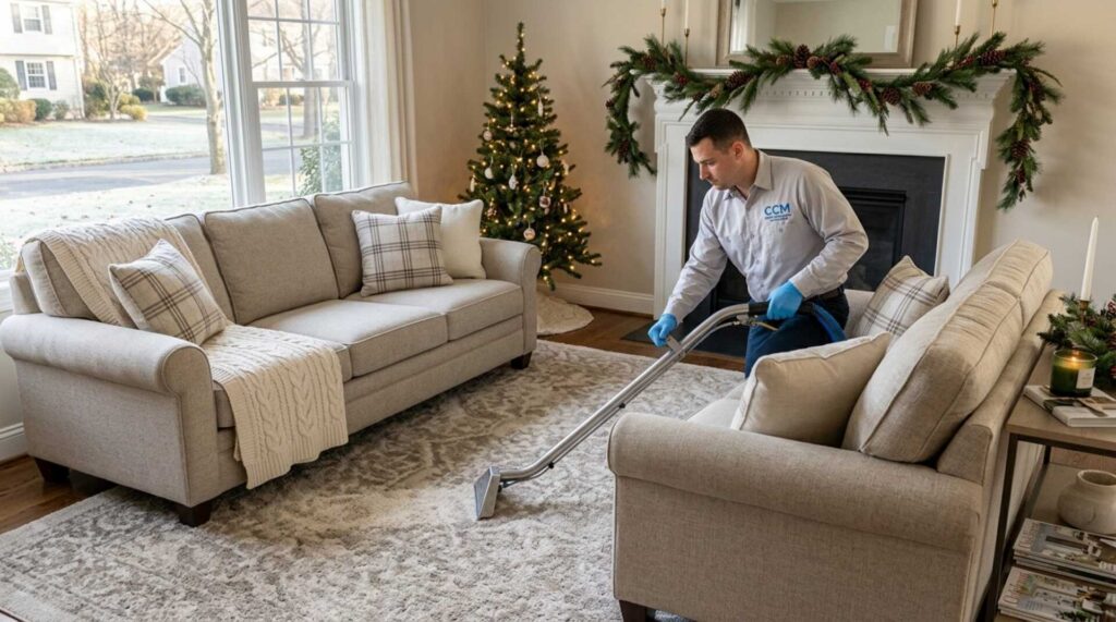 A man wearing gloves cleans a beige carpet in a living room decorated with a Christmas tree and garland.