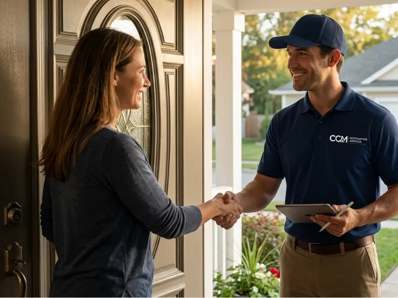 A delivery worker in uniform shakes hands with a woman at her front door.
