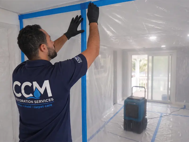 Technician taping up plastic sheets during containment service