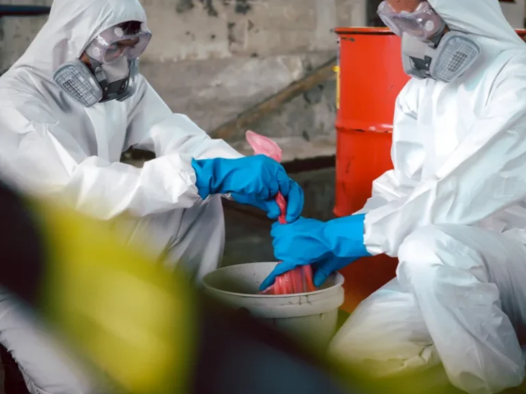 Two people in hazmat suits and blue gloves handling a pink bag over a white bucket.