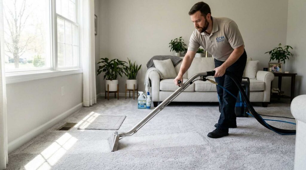 Man using a carpet cleaning machine in a bright living room with a sofa and plants.