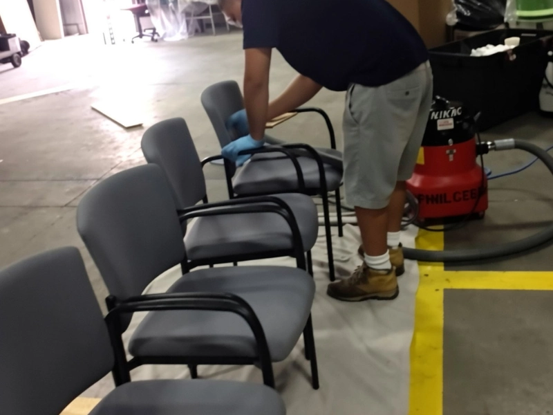 A person wearing gloves cleans or arranges gray chairs in an indoor space.
