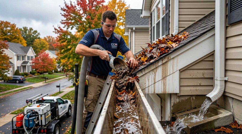 Worker cleaning wet leaves and debris from a house gutter using a vacuum hose.