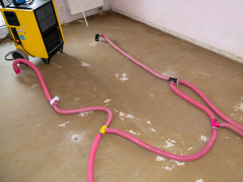 Yellow dehumidifier with pink hoses on a bare floor in an empty room.