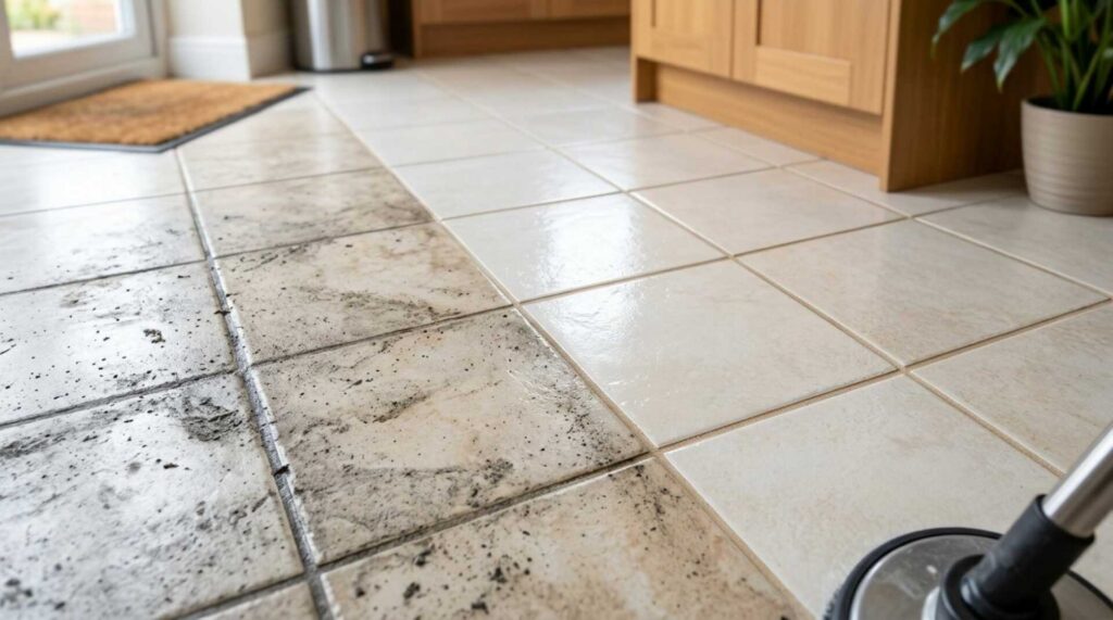 Half of a tiled floor is dirty and the other half is clean with a floor cleaning tool visible.