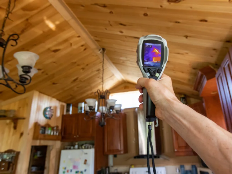 Hand holding a thermal imaging camera pointed at a wooden kitchen ceiling.