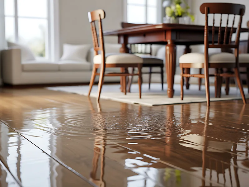 Water pooling on a wooden floor beneath a dining table with chairs in a living room.