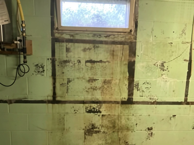 Mold and water damage stains on a basement cinder block wall beneath a small window.