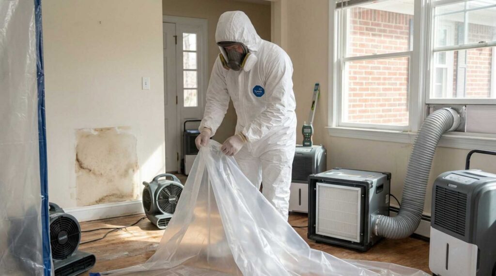Person in protective suit and mask handling plastic sheeting in a room with mold damage and air filtration equipment.