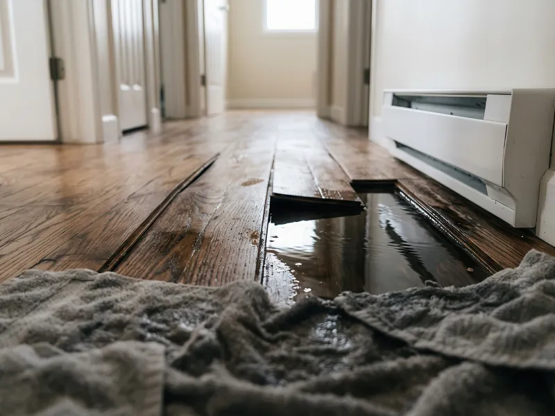 Water pooling on a damaged wooden floor with a raised plank and a towel nearby.