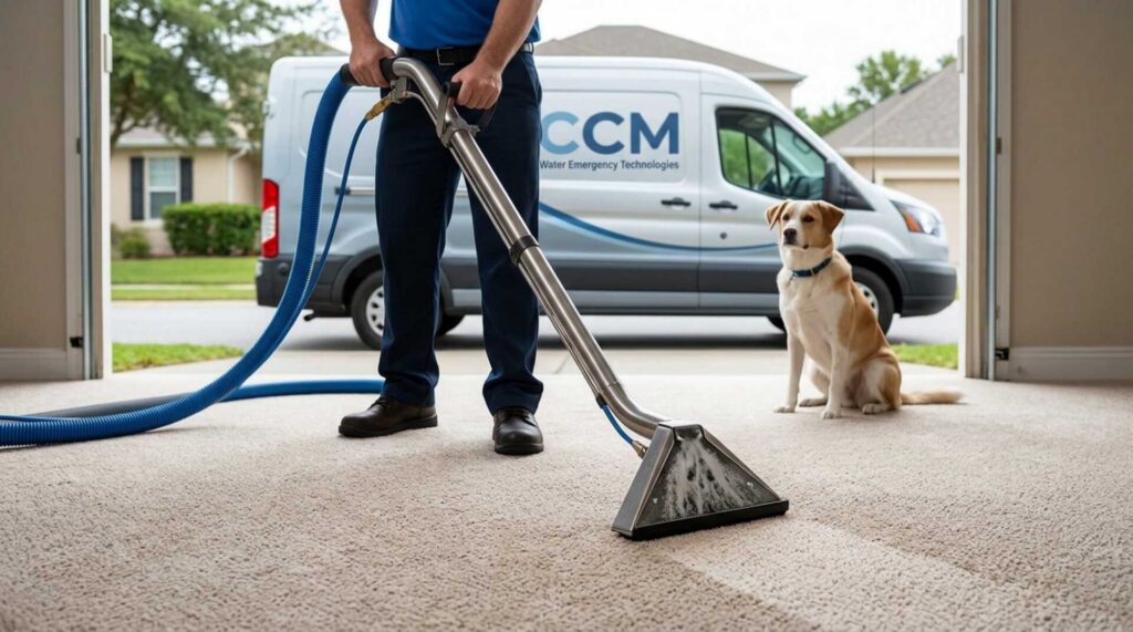 Person cleaning carpet with a steam cleaner while a dog sits nearby in a garage.