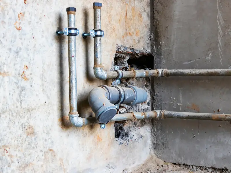 Rusty metal pipes and fittings attached to a concrete wall with a hole behind them.