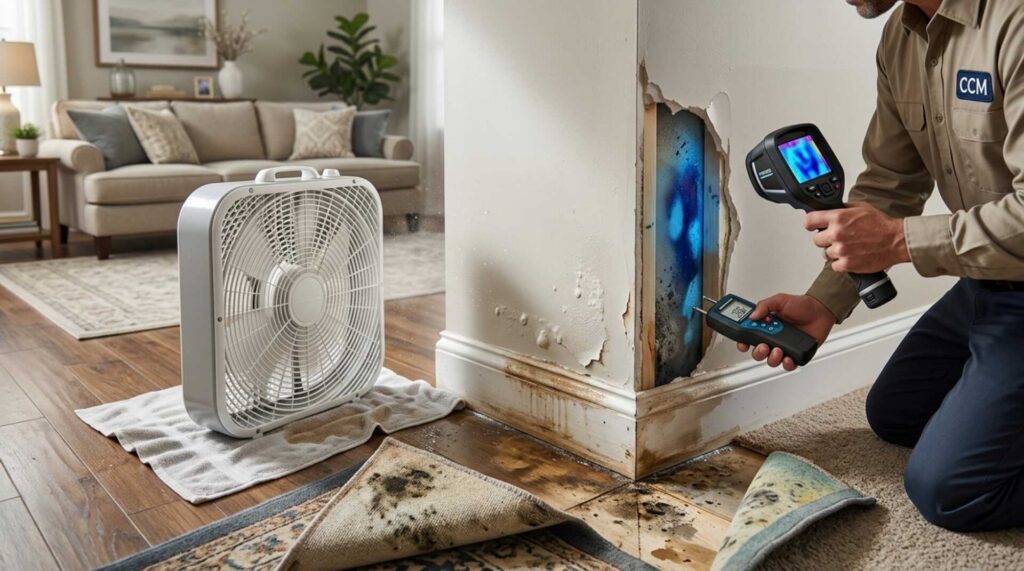 Technician inspecting mold damage inside a wall with a thermal camera and moisture meter near a fan drying the area.