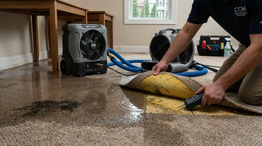 Technician lifting wet carpet to dry soaked floor with air blowers in a water-damaged room.