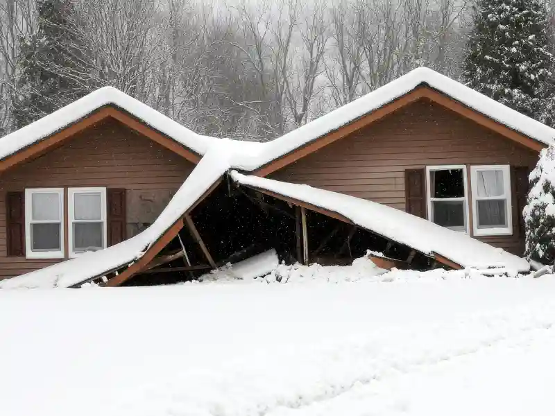Two brown houses with collapsed snow-covered roofs in a snowy landscape.