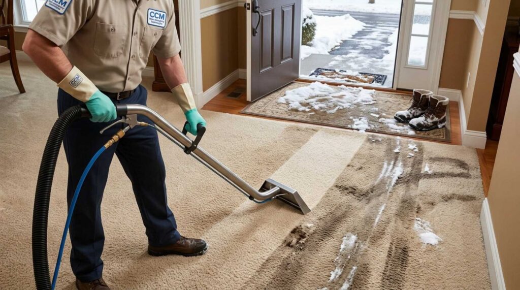Person cleaning a snow-dirty carpet near an open door with a carpet cleaning machine.